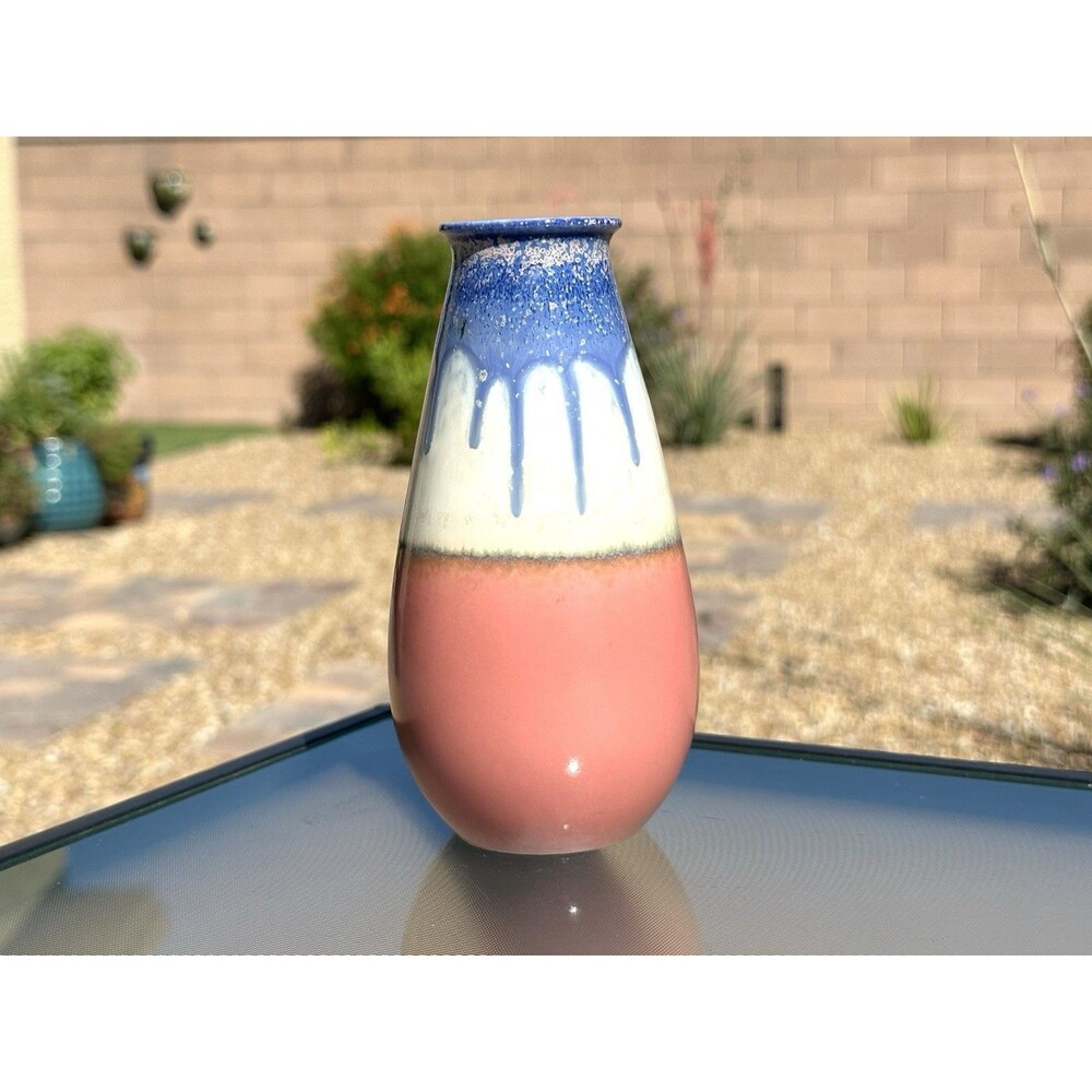 Handmade Ceramic Vase Vibrant Tri Color Glaze Drip Art Studio Pottery Pink Blue